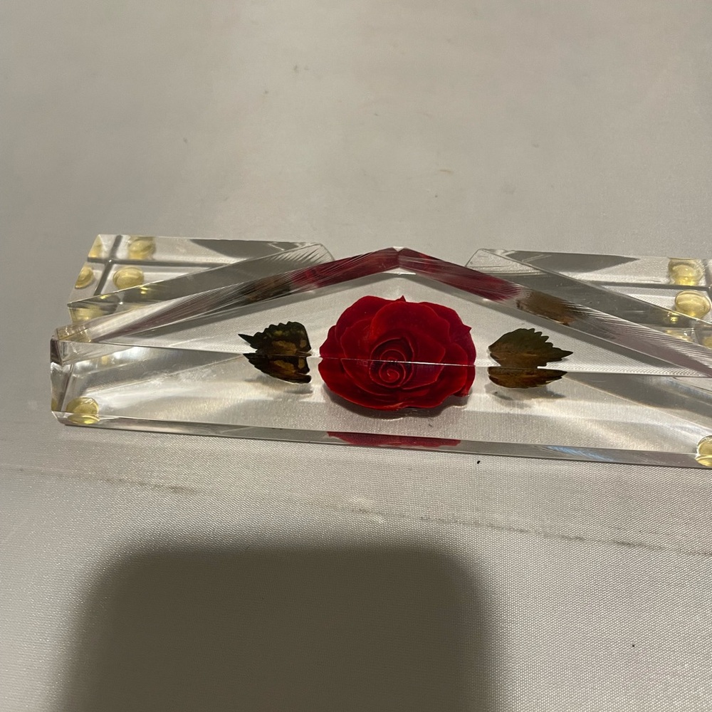 Vintage Red Rose Bircraft-Style Business Card Recipe Holder Clear Lucite Acrylic